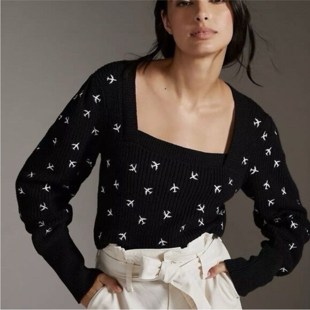 Anthropologie Maeve Black Elliana Embroidered Airplane Sweater Small
